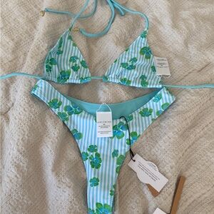 Leni swim reversible, blue and Green Floral Bikini Set. Turquoise solid.